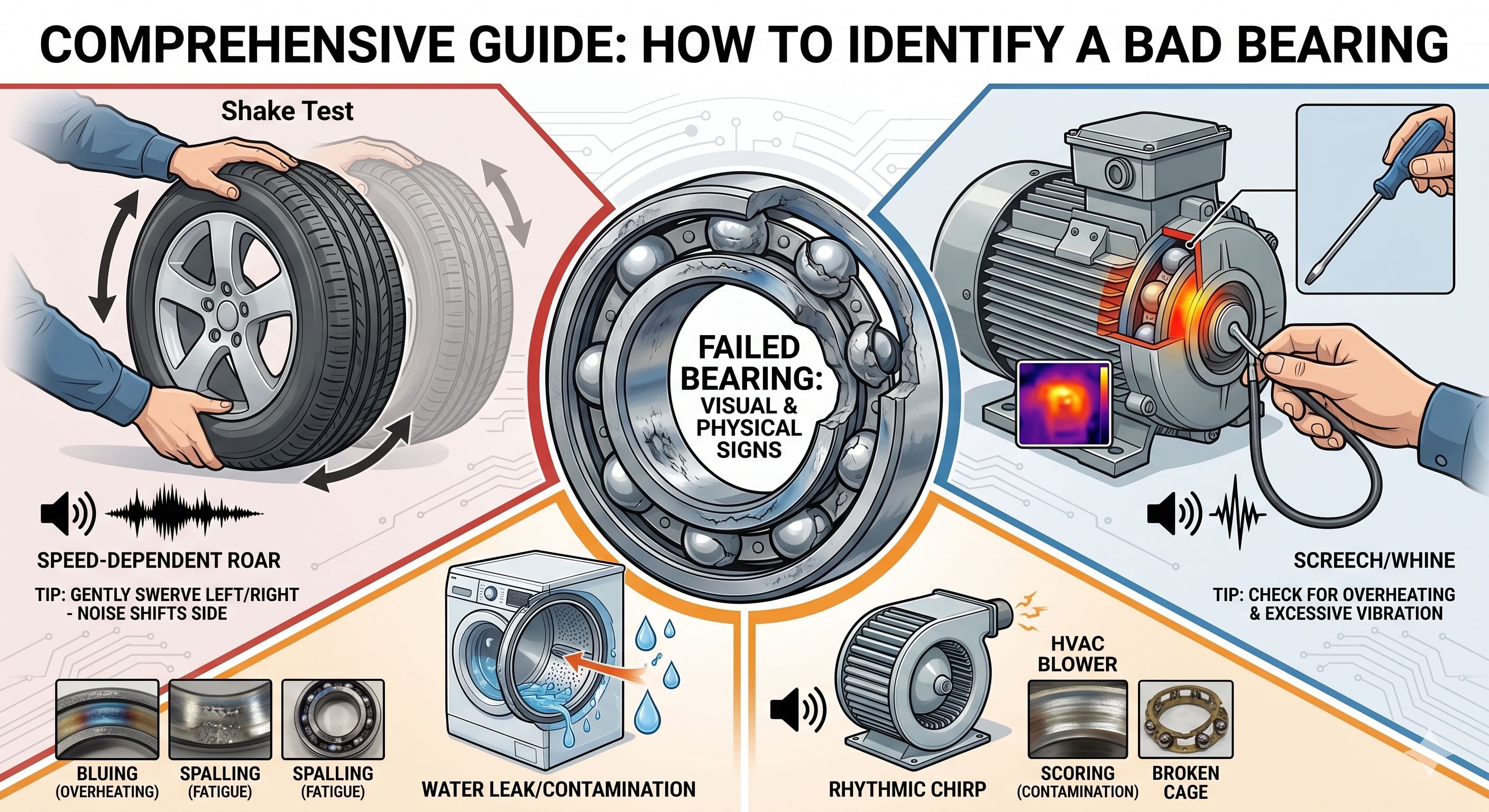 Infographic showing how to identify a bad bearing with wheel-bearing shake test, motor stethoscope checks, HVAC blower symptoms, and visible failure patterns.