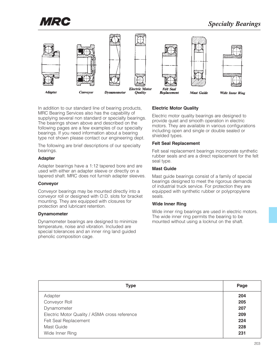 MRC Specialty Bearings Catalog first page preview